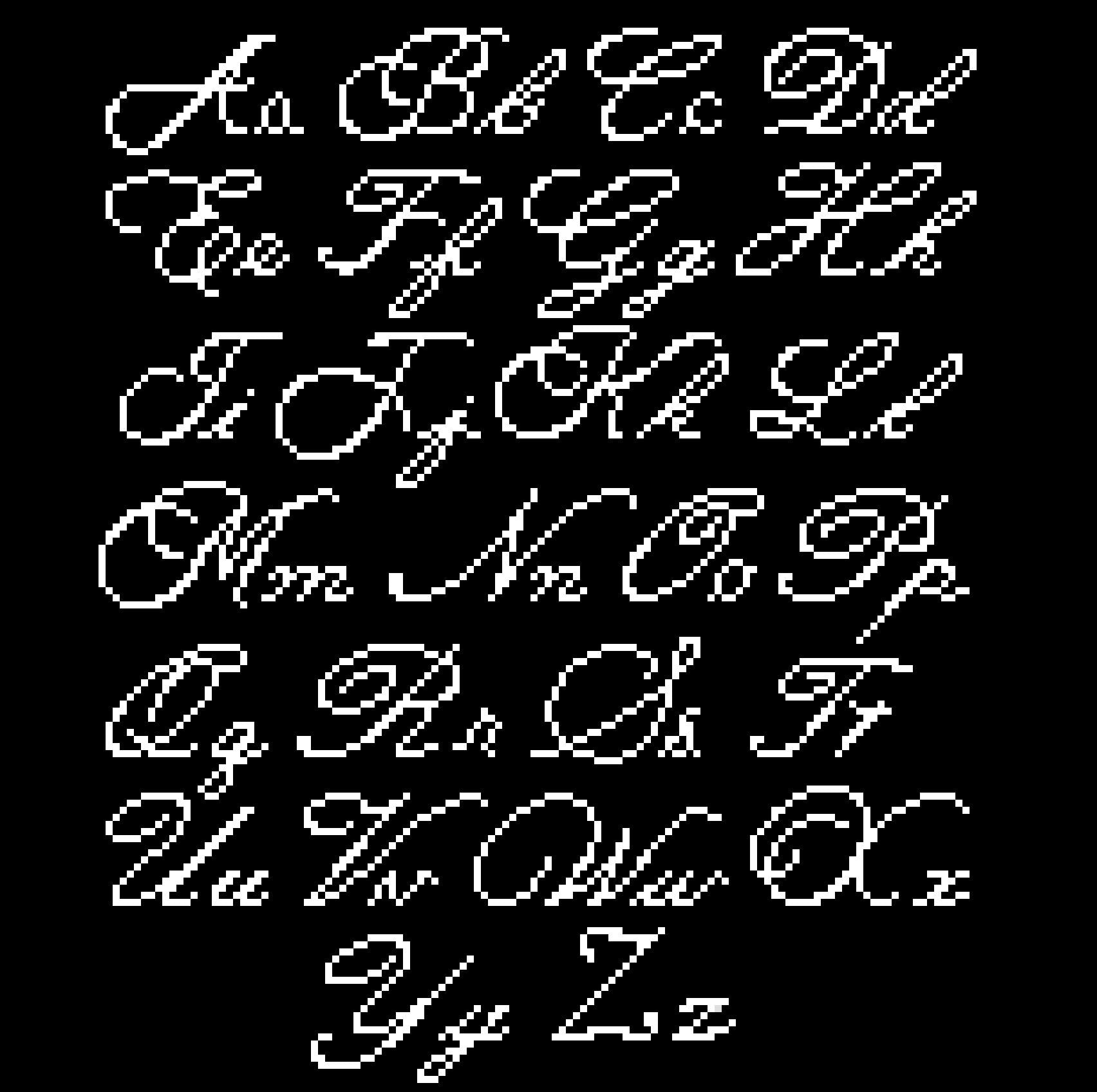 Cursive pixelated alphabet letters from A to Z on a white background