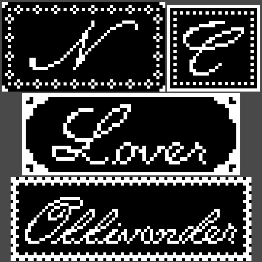 Set of filet crochet patterns with decorative text on a black background