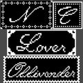 Set of filet crochet patterns with decorative text on a black background
