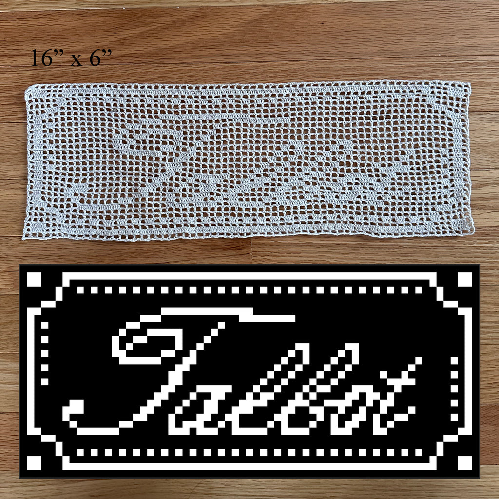 Small filet crochet fabric sample on a wooden floor above a digital rendering of the same design