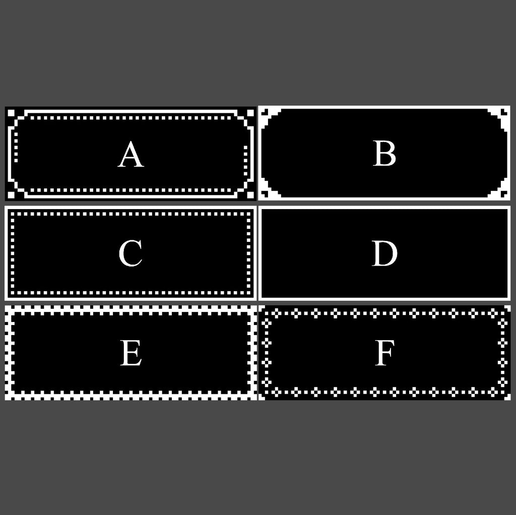 Black rectangular labels with white text and borders on a gray background